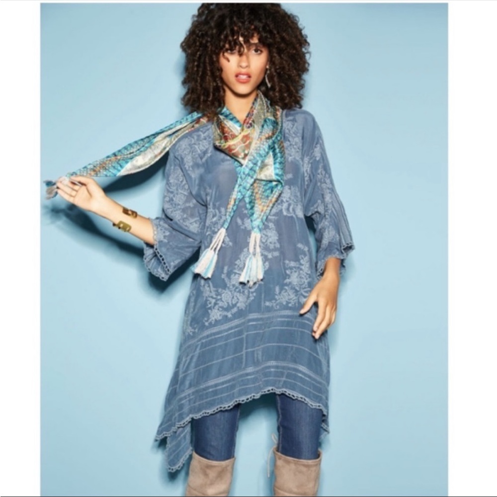 Johnny Was Slate Blue Leaf Garden Embroidered V neck Tunic with Self Tie